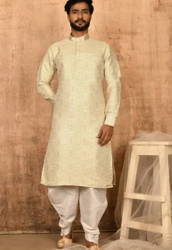 Woven Art Silk Jacquard Dhoti Kurta in Beige