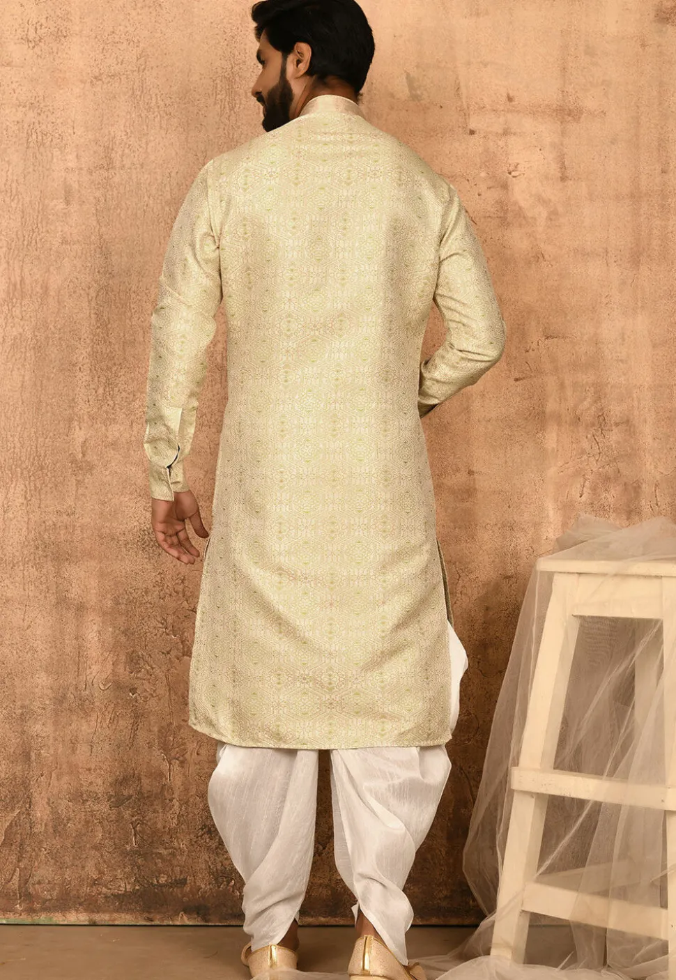 Woven Art Silk Jacquard Dhoti Kurta in Beige