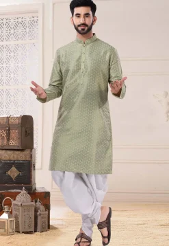 Woven Art Silk Jacquard Dhoti Kurta in Dusty Green