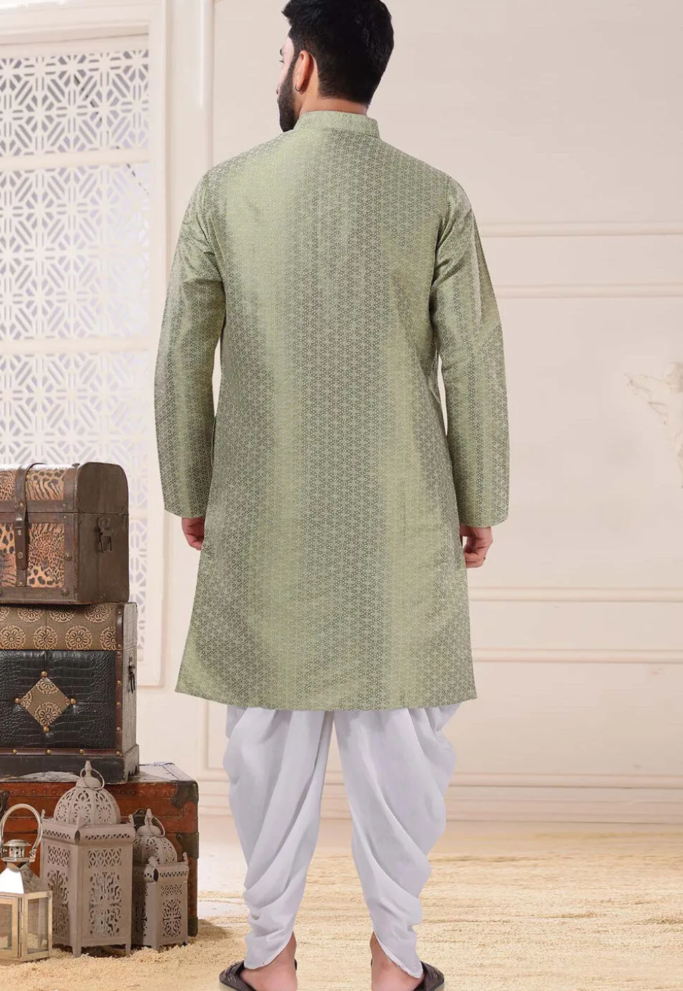Woven Art Silk Jacquard Dhoti Kurta in Dusty Green