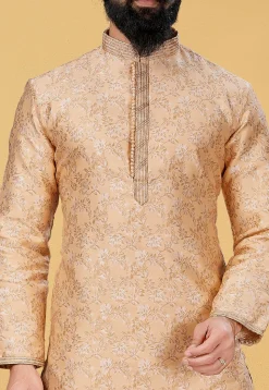 Woven Art Silk Jacquard Dhoti Kurta in Light Peach