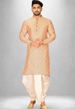Woven Art Silk Jacquard Dhoti Kurta in Peach