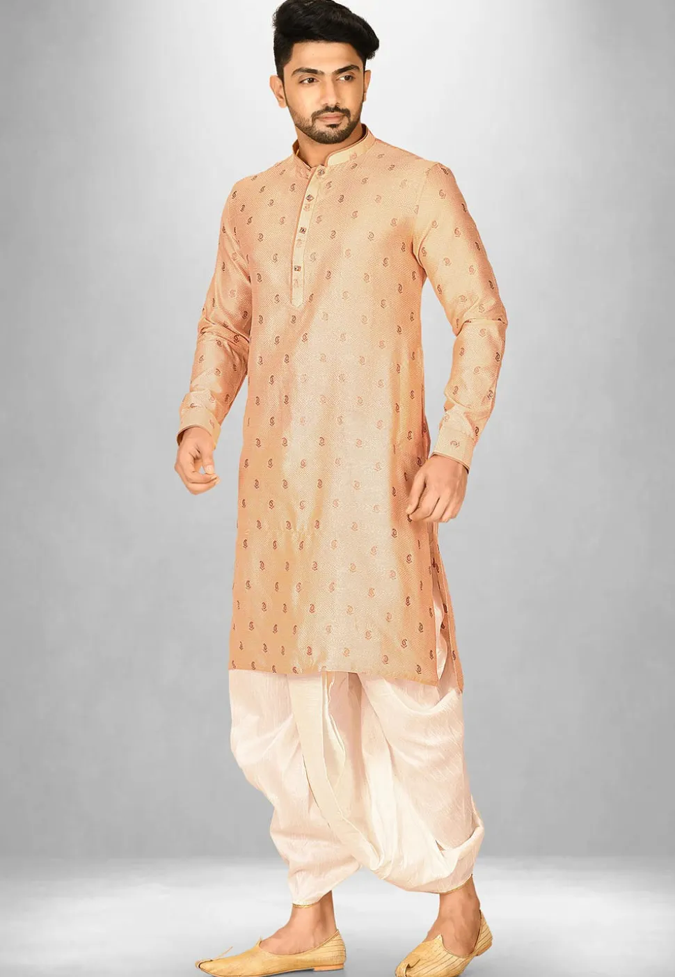 Woven Art Silk Jacquard Dhoti Kurta in Peach