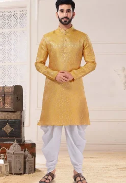 Woven Art Silk Jacquard Dhoti Kurta in Mustard