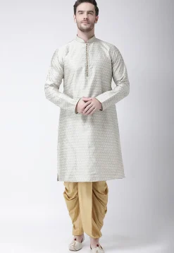 Woven Art Silk Jacquard Dhoti Kurta in Light Grey