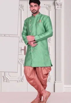 Woven Art Silk Jacquard Dhoti Sherwani in Teal Green