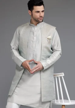 Woven Art Silk Jacquard Front Open Long Jacket in Grey