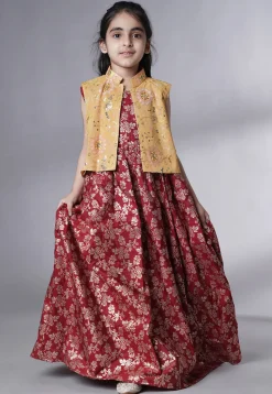 Woven Art Silk Jacquard Gown in Maroon