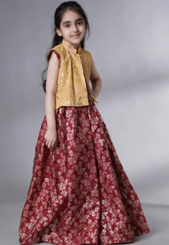 Woven Art Silk Jacquard Gown in Maroon