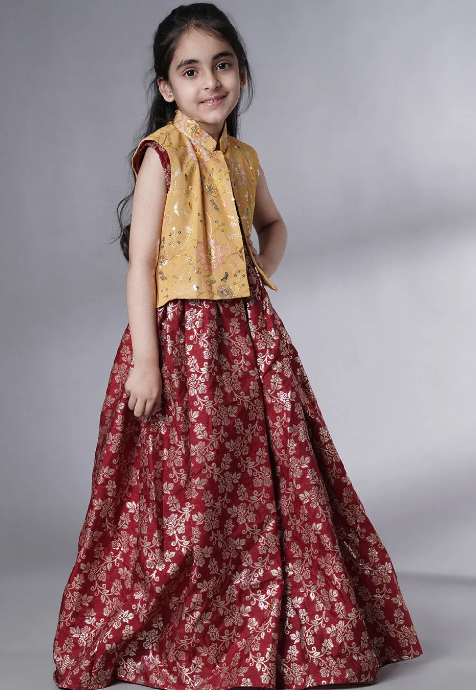 Woven Art Silk Jacquard Gown in Maroon