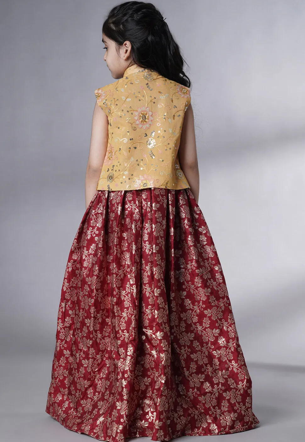 Woven Art Silk Jacquard Gown in Maroon