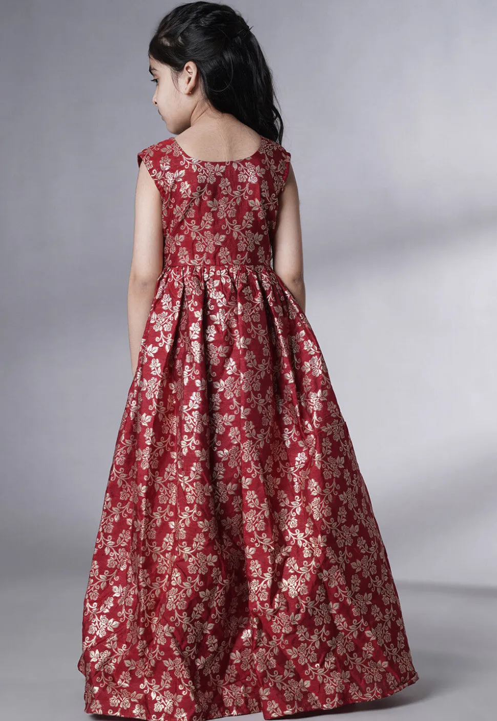 Woven Art Silk Jacquard Gown in Maroon