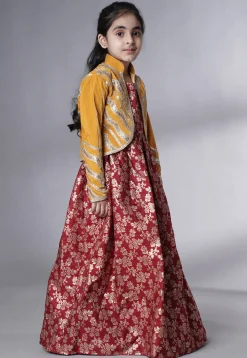 Woven Art Silk Jacquard Gown in Maroon