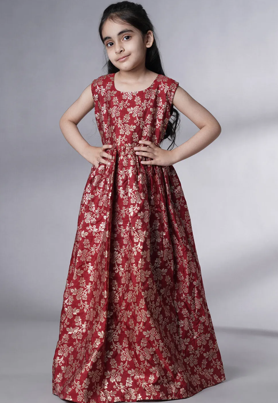 Woven Art Silk Jacquard Gown in Maroon