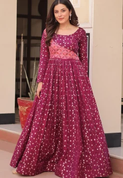 Woven Art Silk Jacquard Gown in Purple