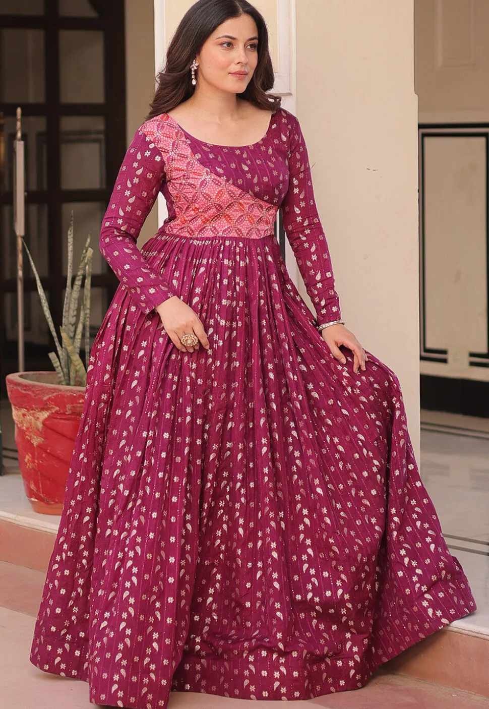 Woven Art Silk Jacquard Gown in Purple
