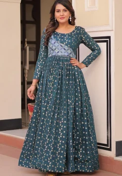 Woven Art Silk Jacquard Gown in Dusty Blue