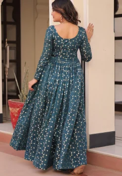 Woven Art Silk Jacquard Gown in Dusty Blue