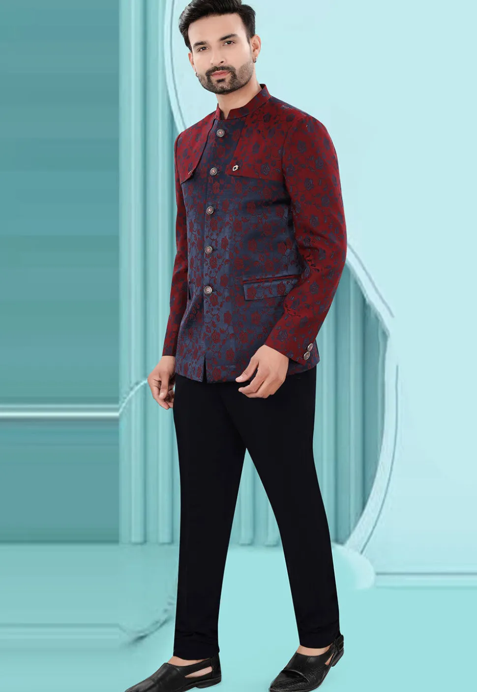 Woven Art Silk Jacquard Jodhpuri Suit in Navy Blue and Maroon