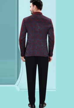 Woven Art Silk Jacquard Jodhpuri Suit in Navy Blue and Maroon