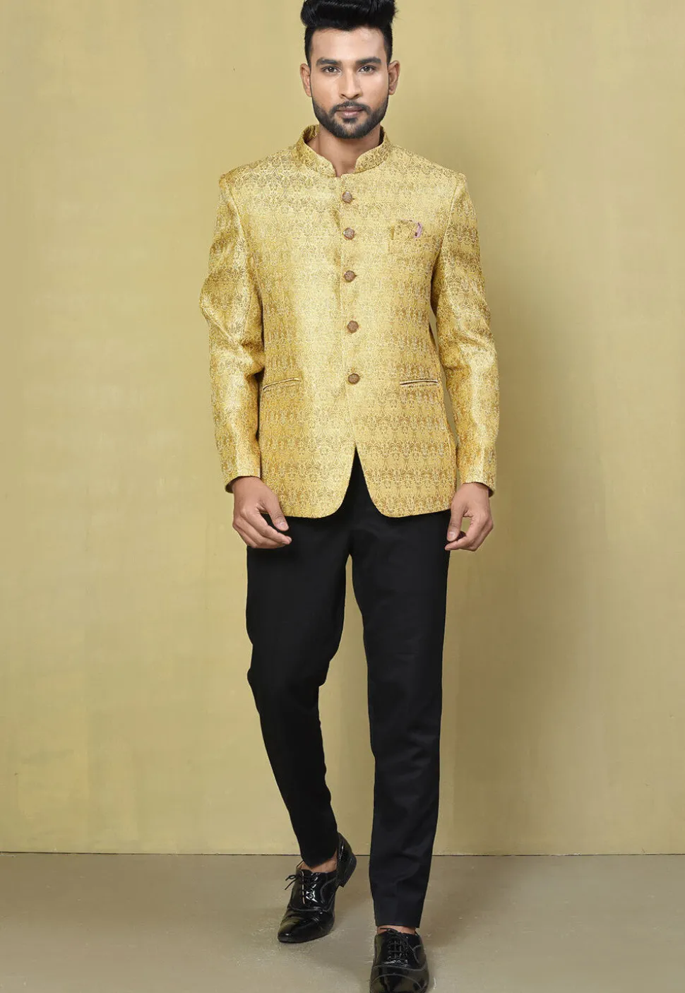 Woven Art Silk Jacquard Jodhpuri Jacket in Yellow