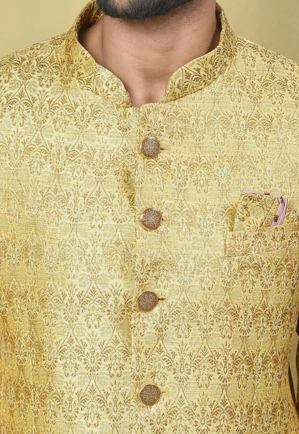 Woven Art Silk Jacquard Jodhpuri Jacket in Yellow
