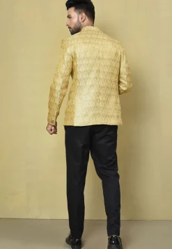 Woven Art Silk Jacquard Jodhpuri Jacket in Yellow
