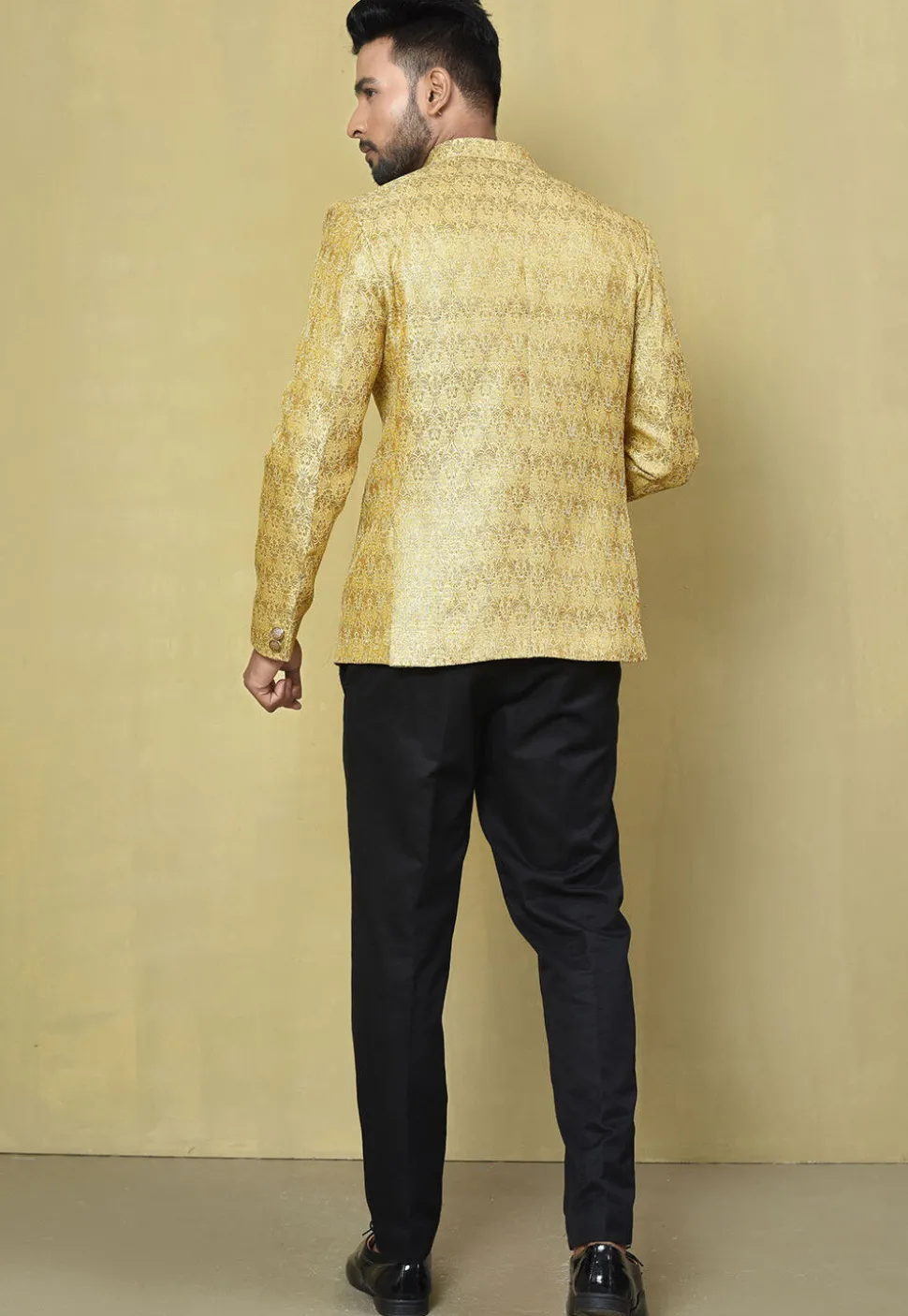 Woven Art Silk Jacquard Jodhpuri Jacket in Yellow