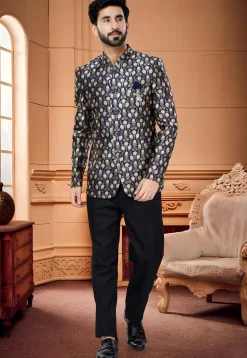 Woven Art Silk Jacquard Jodhpuri Suit in Navy Blue