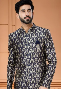 Woven Art Silk Jacquard Jodhpuri Suit in Navy Blue