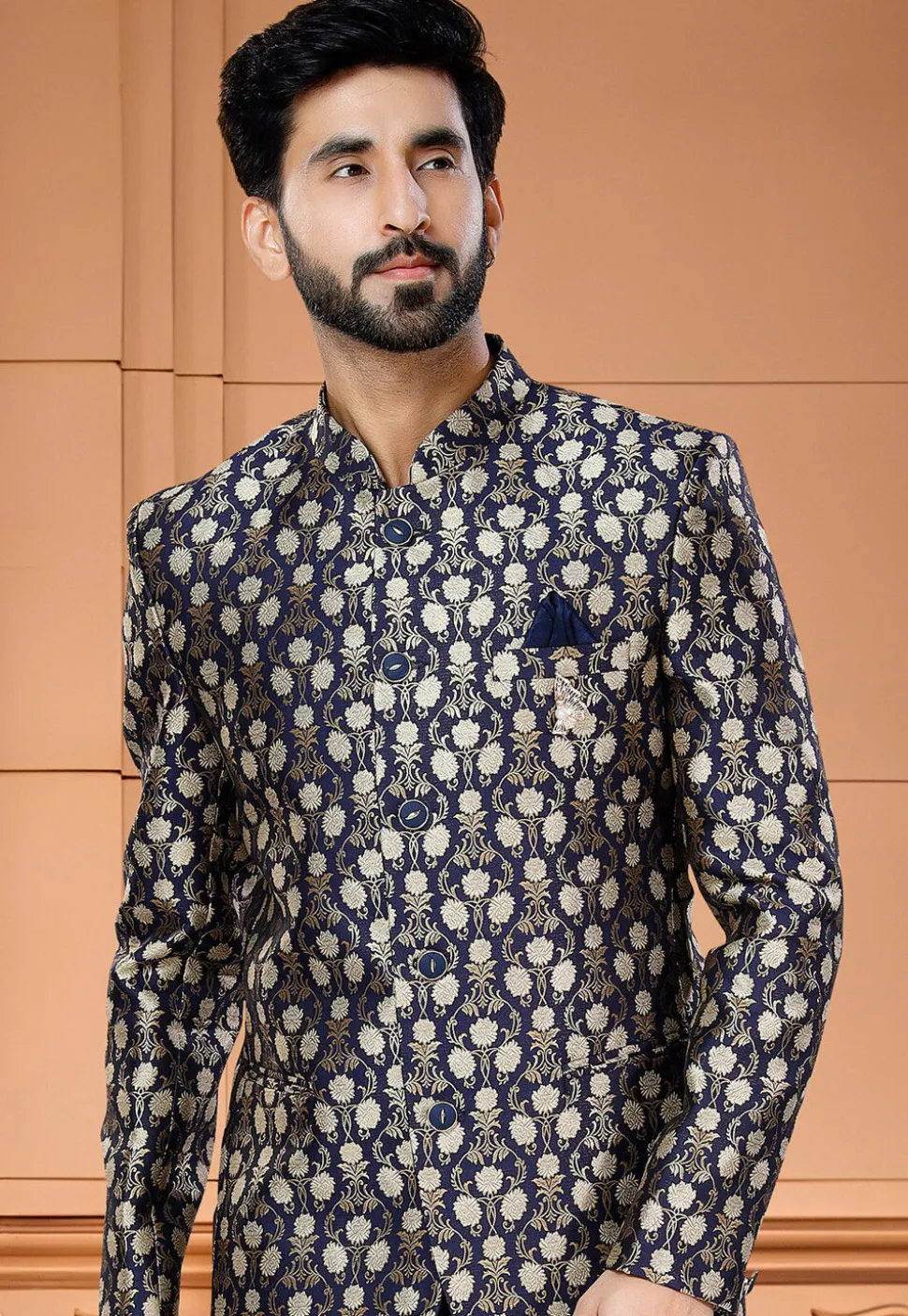 Woven Art Silk Jacquard Jodhpuri Suit in Navy Blue