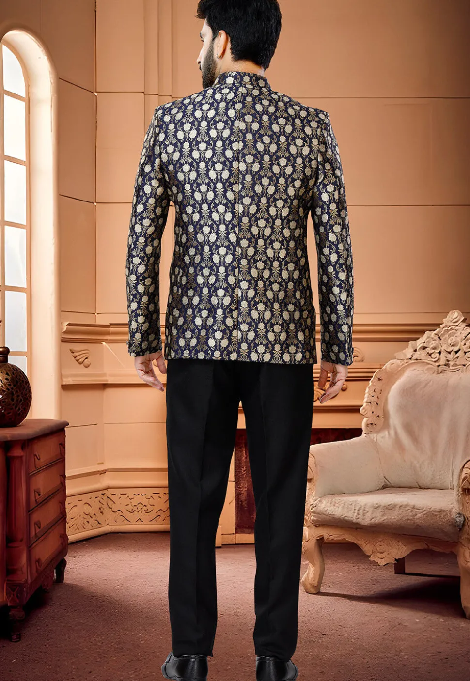 Woven Art Silk Jacquard Jodhpuri Suit in Navy Blue