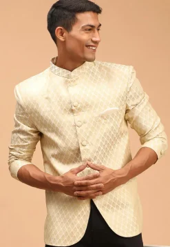 Woven Art Silk Jacquard Jodhpuri Jacket in Cream