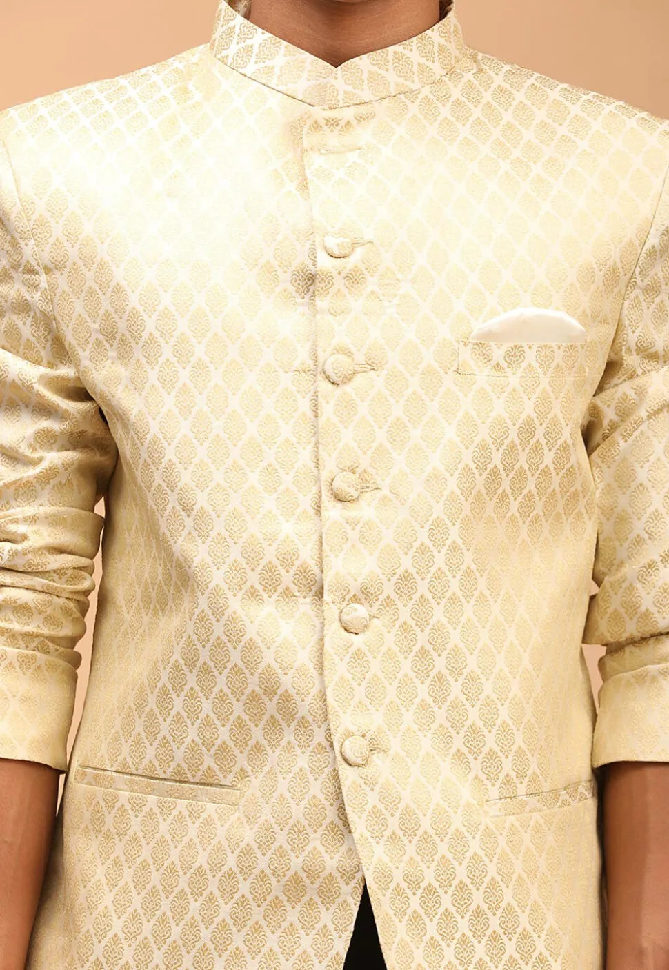 Woven Art Silk Jacquard Jodhpuri Jacket in Cream