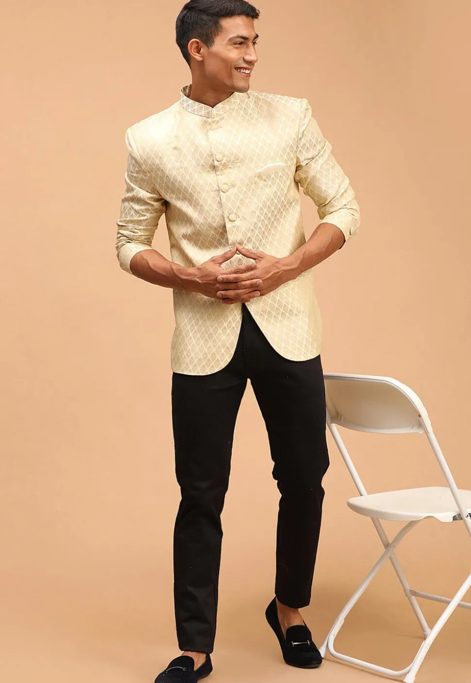 Woven Art Silk Jacquard Jodhpuri Jacket in Cream