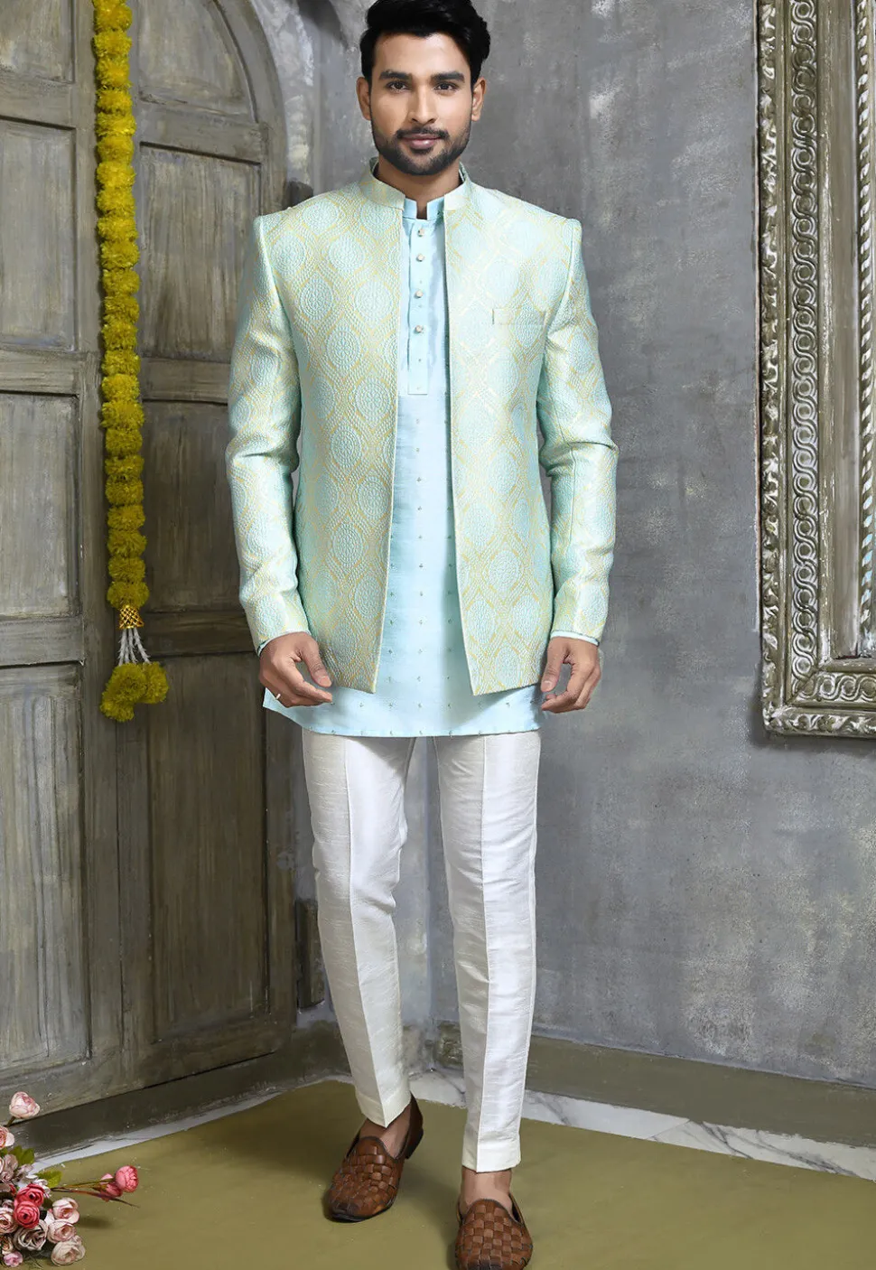 Woven Art Silk Jacquard Jodhpuri Suit in Cream and Sky Blue