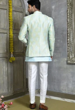 Woven Art Silk Jacquard Jodhpuri Suit in Cream and Sky Blue