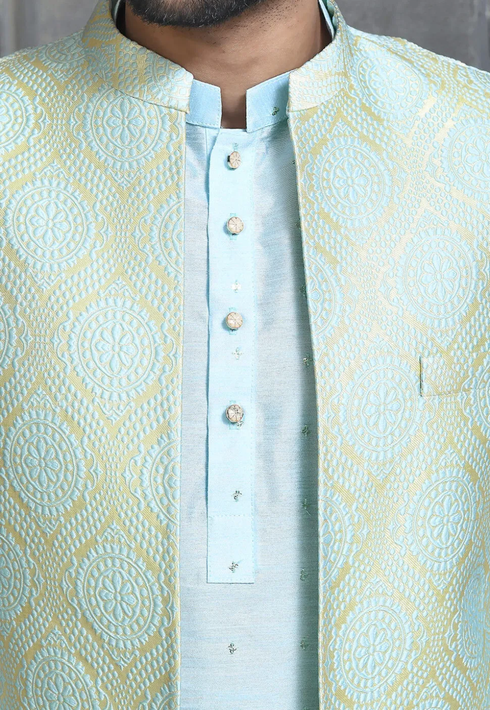 Woven Art Silk Jacquard Jodhpuri Suit in Cream and Sky Blue