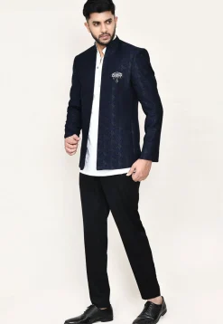 Woven Art Silk Jacquard Jodhpuri Suit in Navy Blue