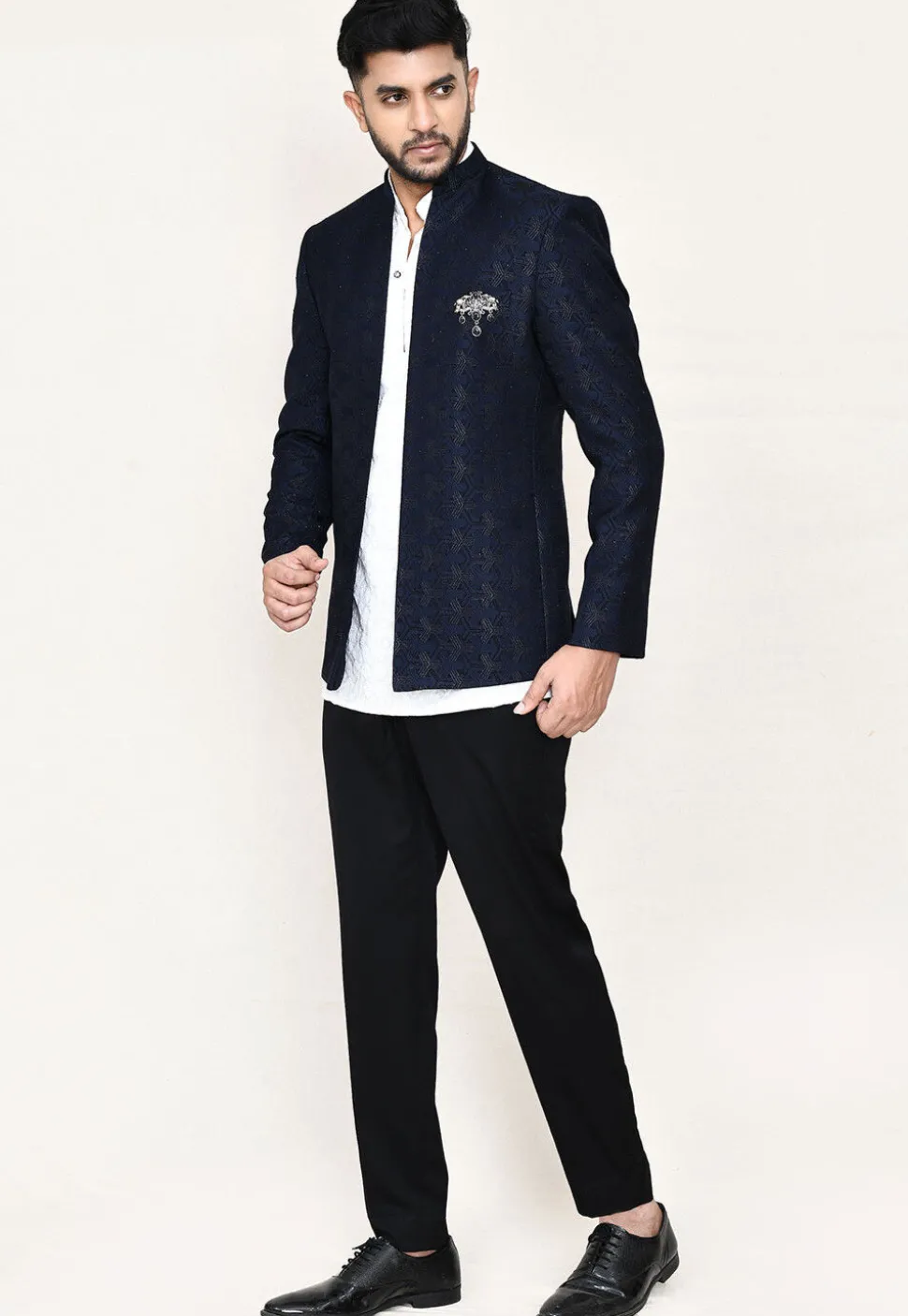 Woven Art Silk Jacquard Jodhpuri Suit in Navy Blue