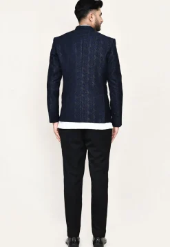 Woven Art Silk Jacquard Jodhpuri Suit in Navy Blue