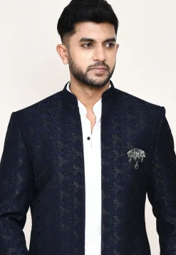 Woven Art Silk Jacquard Jodhpuri Suit in Navy Blue