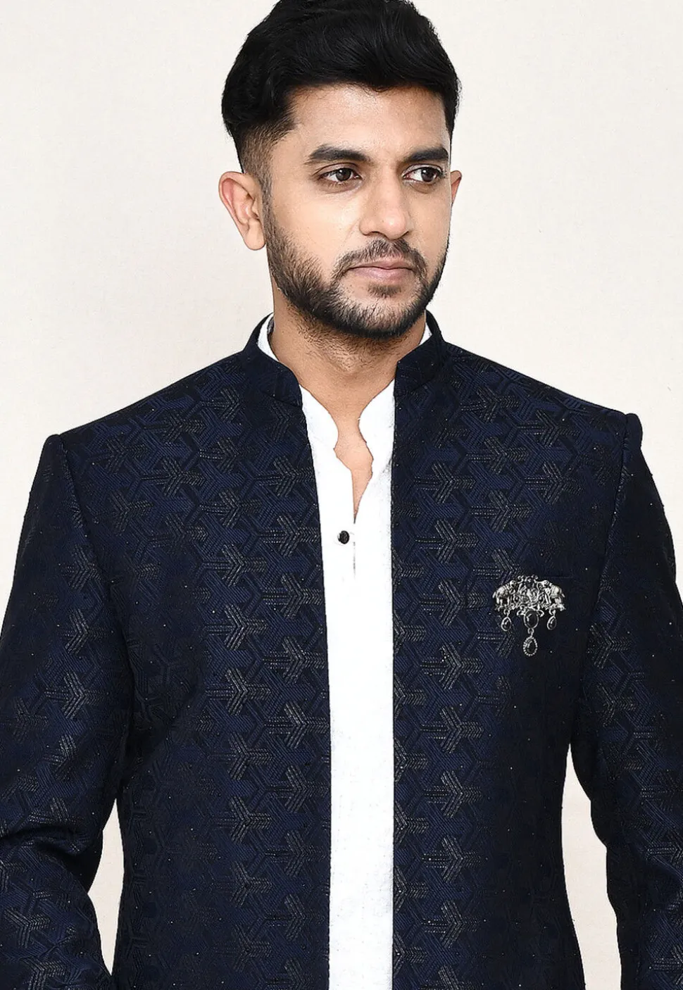Woven Art Silk Jacquard Jodhpuri Suit in Navy Blue