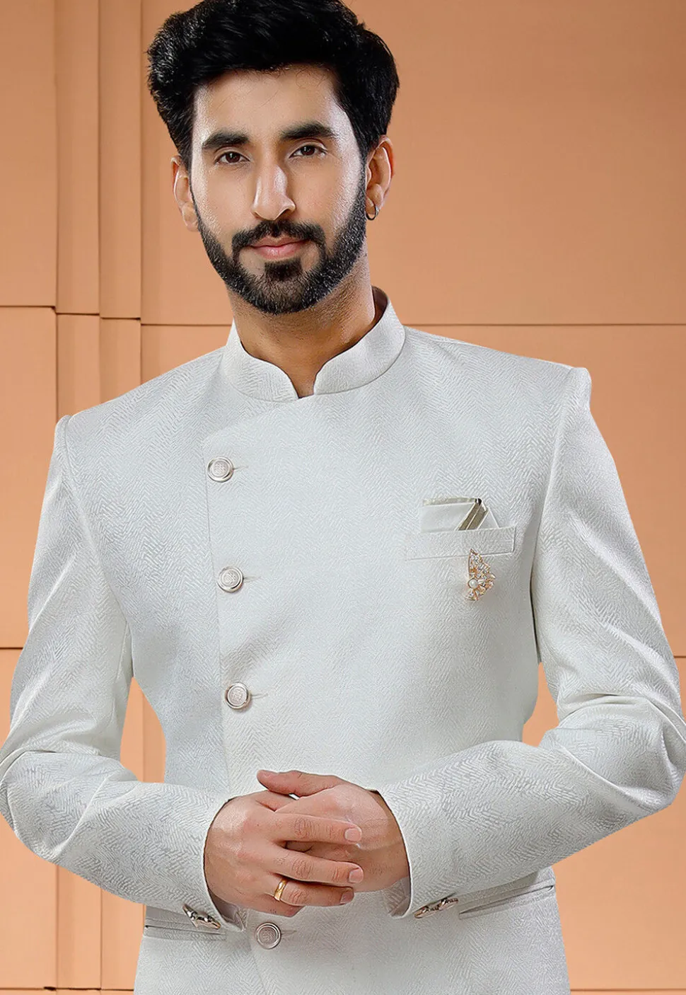 Woven Art Silk Jacquard Jodhpuri Suit in Off White