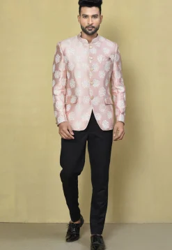 Woven Art Silk Jacquard Jodhpuri Jacket in Peach