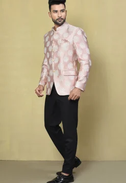 Woven Art Silk Jacquard Jodhpuri Jacket in Peach