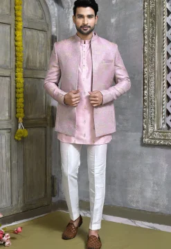 Woven Art Silk Jacquard Jodhpuri Suit in Light Purple