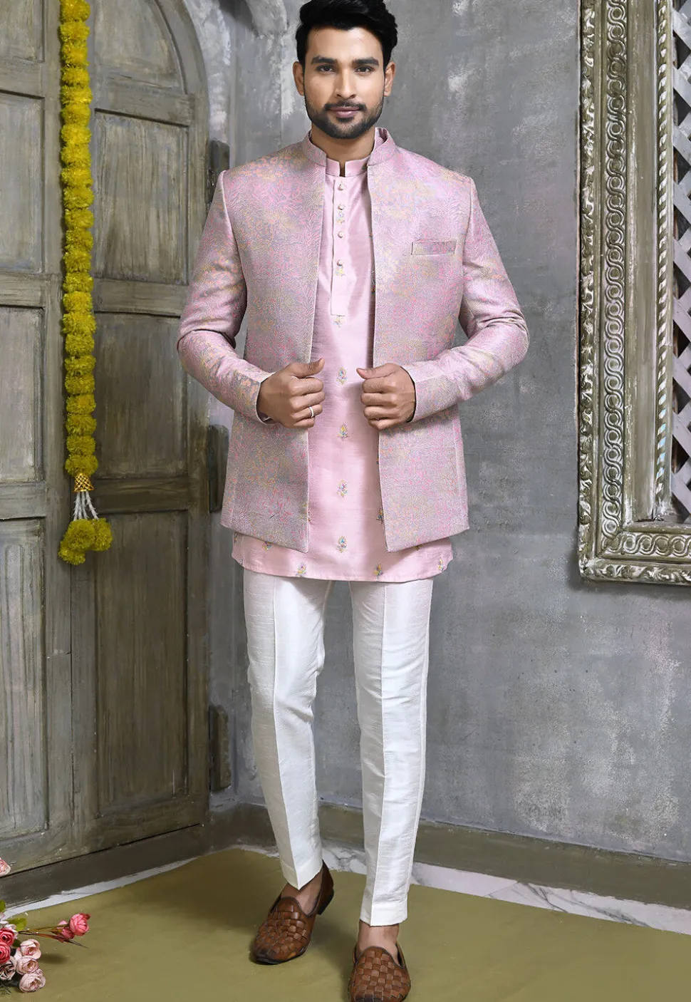 Woven Art Silk Jacquard Jodhpuri Suit in Light Purple
