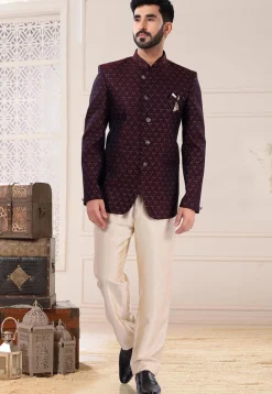 Woven Art Silk Jacquard Jodhpuri Suit in Maroon