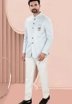 Woven Art Silk Jacquard Jodhpuri Jacket in Light Blue